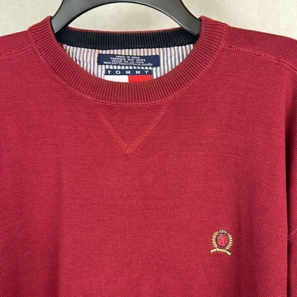 Vtg Y2K Tommy Hilfiger Crew Sweater Mens Sz XL Dark Red Wine Knit Crest Logo Lon